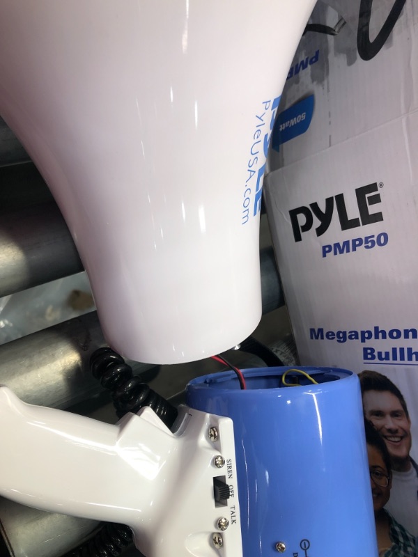 Photo 3 of **DAMAGED* MISISNG CHARGER*   Portable Megaphone Speaker PA Bullhorn - Built-in Siren, 50W Adjustable Volume Control in 1200 Yard Range, Ideal for Any Outdoor Sports, Cheerleading Fans and Coaches or for Safety Drills - Pyle PMP50
