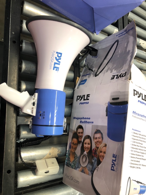 Photo 2 of **DAMAGED* MISISNG CHARGER*   Portable Megaphone Speaker PA Bullhorn - Built-in Siren, 50W Adjustable Volume Control in 1200 Yard Range, Ideal for Any Outdoor Sports, Cheerleading Fans and Coaches or for Safety Drills - Pyle PMP50
