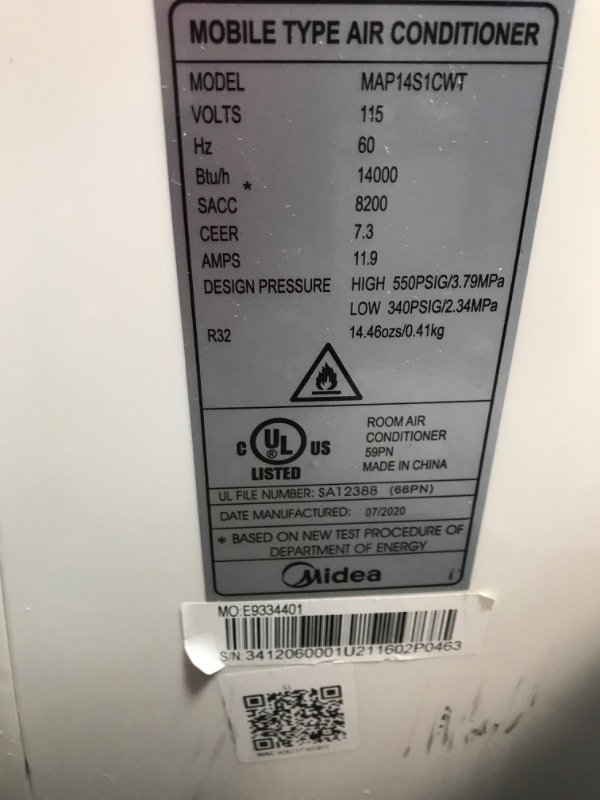 Photo 5 of **DAMAGED **NON FUNCTIONAL* Midea 14,000 BTU ASHRAE (8,200 BTU SACC) Portable Air Conditioner, Cools up to 375 Sq. Ft., Works as Dehumidifier & Fan, Control with Remote, Amazon Alexa & Google Assistant
