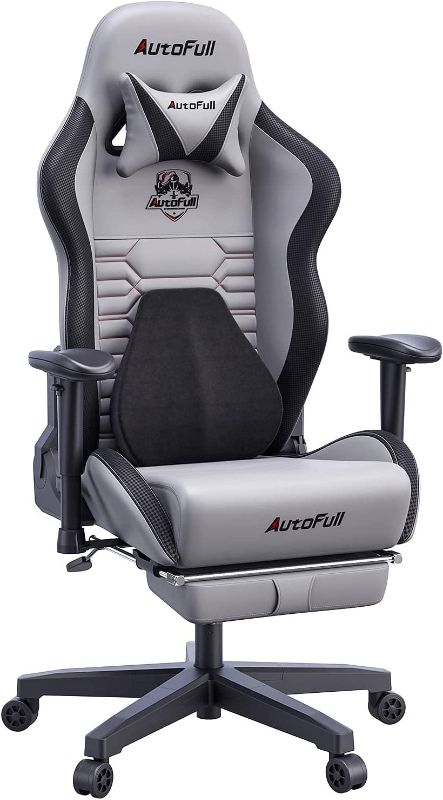 Photo 1 of AutoFull Gaming Chair with 3D Bionic Lumbar Support, Racing Style PU Leather Ergonomic Office Desk Reclining High Back Adjustable Computer Chairs with Footrest, Grey
