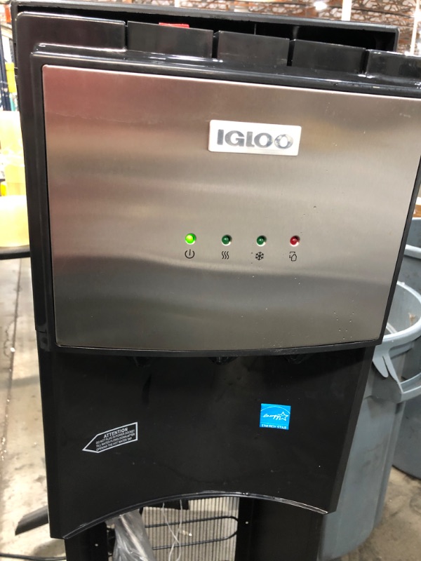 Photo 2 of *** NONFUNCTIONAL ***
Igloo IWCBL353CRHBKS Stainless Steel Hot, Cold & Room Water Cooler Dispenser, Holds 3 & 5 Gallon Bottles, 3 Temperature Spouts, No Lift Bottom Loading, Child Safety Lock, Black/Stainless
