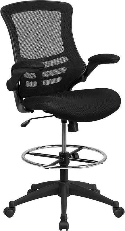 Photo 1 of Flash Furniture Mid-Back Black Mesh Ergonomic Drafting Chair with Adjustable Foot Ring and Flip-Up Arms
