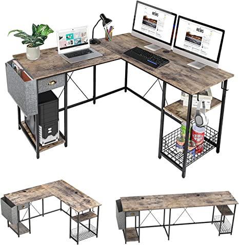 Photo 1 of 88.5inch L-Shaped Computer Desk with Storage Shelves Drawer, Home Office Writing Corner Desk, 2 Person Long Desk PC Laptop Workstation with Hooks Storage Bag Cable Hole
