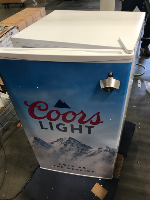 Photo 3 of **NON FUNCTIONAL** DAMAGED** Coors Light Rocky Mountain Compact Fridge with Bottle Opener, 90 L/ 95 Quart 3.2 Cubic Foot for Snacks,Beverages, Juice, Beer, Den, Dorm, Office, Games Room, or RV
