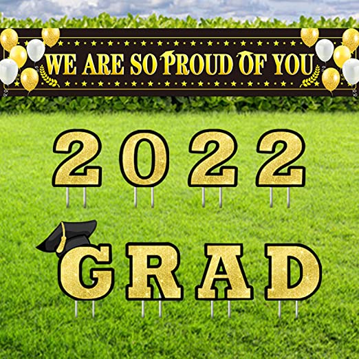 Photo 1 of 2 item bundle 
Honkdecor Graduation Yard Signs Set - WE are SO Proud of You Banner and 2022 Grad Signs, Gold Black Decorations Party Supplies Waterproof for Indoor/Outdoor Lawn Decor Black&Gold (x2) 