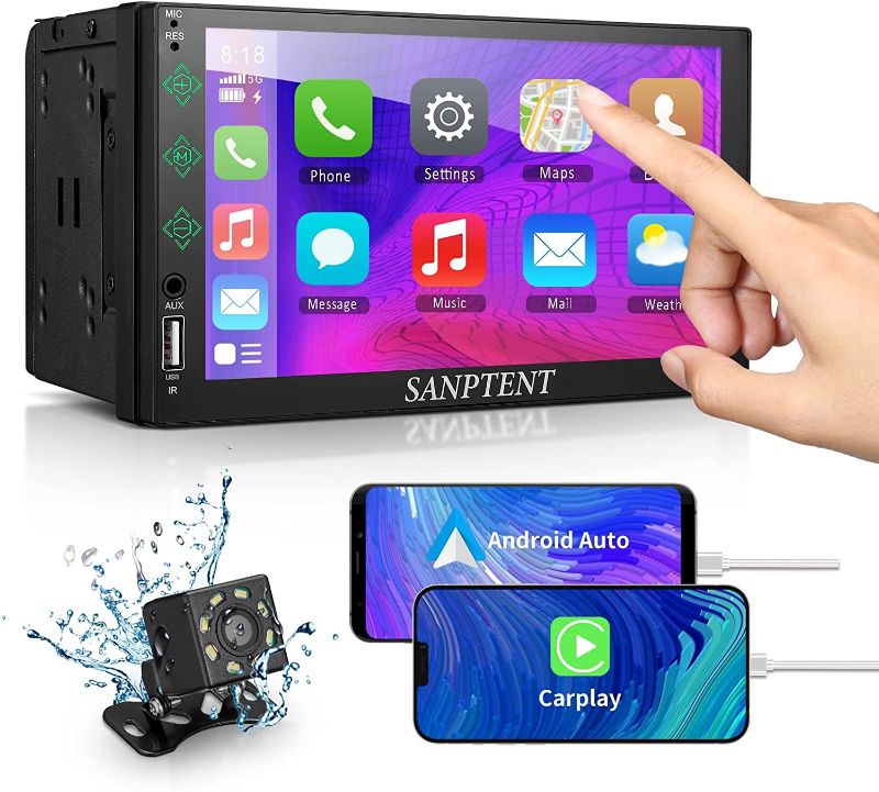 Photo 1 of SANPTENT Double Din Car Stereo, 7-Inch Touch Screen, Compatible with Apple Carplay/Android Auto, Mirror Link, Bluetooth, Rear Camera, USB Port, Subwoofer, AM/FM Car Radio Audio Receiver
