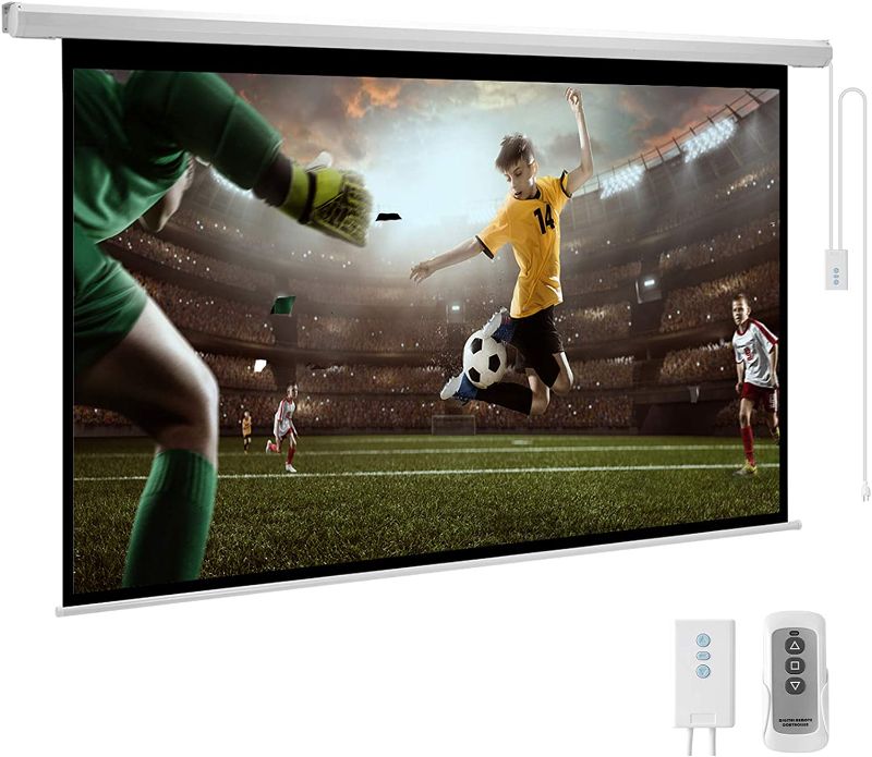Photo 1 of 100inch Motorized Projection Screen, 16:9 4K 3D HD Electric Projector Screen, Wall/Ceiling Mounted White Projection Screen with Two Remote Controls for Indoor & Outdoor Use
