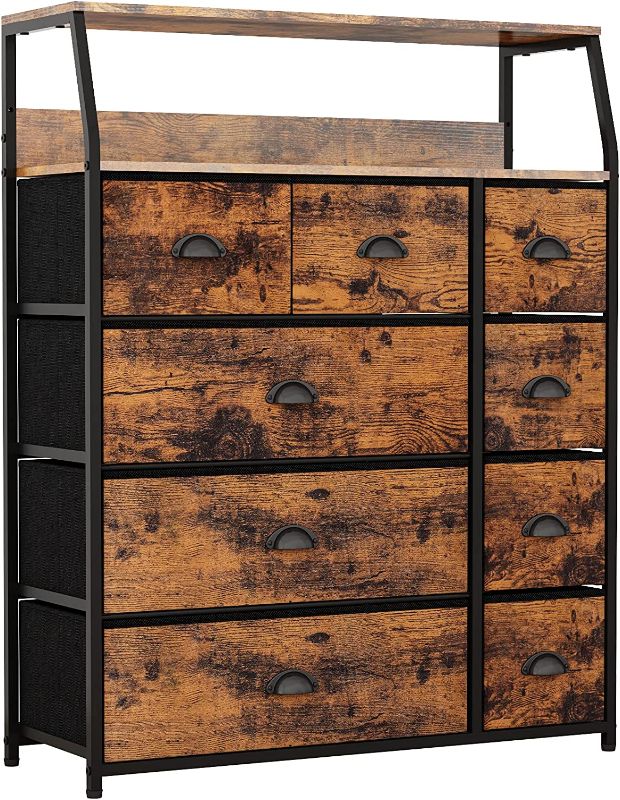 Photo 1 of Furnulem 9 Drawer Dresser Large with Shelf, Tall Closet Storage Organizer for Bedroom, Fabric Storage Dresser, Wooden Top, Living Room, Entryway-Industrial Style (Rustic Brown)
