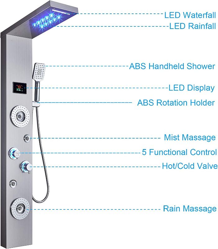 Photo 1 of  Rainfall Waterfall Shower Head Rain Massage System with Body Jets Stainless Steel Bathroom Shower Panel Tower System, Brushed Nickel
