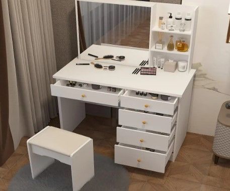 Photo 1 of 5-Drawers White Wood Makeup Vanity Sets Dressing Table Sets with Big Mirror, Stool and 3-Tier Storage Shelves