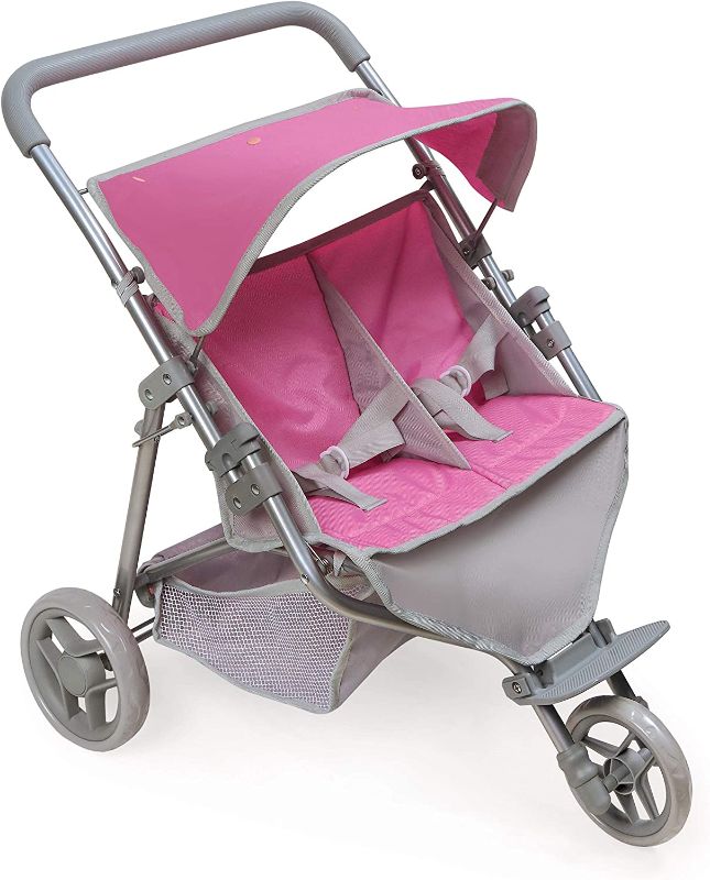 Photo 1 of Badger Basket Trek Double 3-Wheel Folding Twin Doll Jogging Stroller, Gray/Pink, 99002
