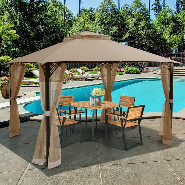 Photo 1 of 12' x 10' Outdoor Patio Gazebo Canopy Shelter Double Top Sidewalls Netting Brown
