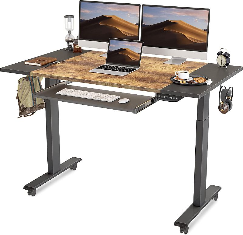 Photo 1 of ***PARTS ONLY*** FEZIBO 55-Inch Dual Motor Height Adjustable Electric Standing Desk with Keyboard Tray, Sit Stand Table with Splice Board, Black Frame/Black and Rustic Brown Top
