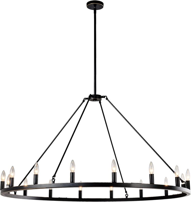 Photo 1 of 7 PANDAS Large Round Kitchen Island Light, 47" 16-Light Farmhouse Wagon Wheel Chandelier for Kitchen Island Dining Room Light Fixtures and Hanging Pendant Lighting, Dark Bronze
