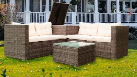 Photo 1 of ***INCOMPLETE BOX 1 OF 2***
4 Piece Patio Sectional Wicker Rattan Outdoor Furniture Sofa Set with Storage Box – Creme
