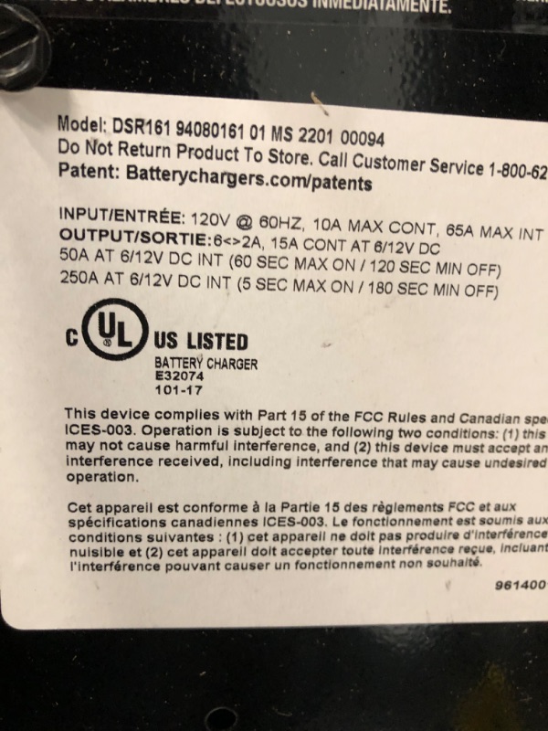Photo 4 of NOT FUNCTIONAL**Schumacher DSR Pro Series DSR161 Fully Automatic Battery Charger with Engine Starter, Boost, and Maintainer- 250 Peak Amps, 6V/12V
