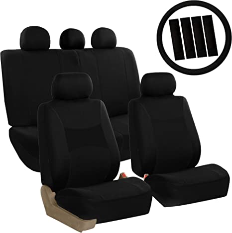 Photo 1 of Automotive Seat Covers Black Universal Fit Combo Set with Steering Wheel Cover and Seat Belt Pad fits most Cars, SUVs, and Trucks (Airbag Compatible and Split Bench) FH Group FB030115BLACK-W-B
