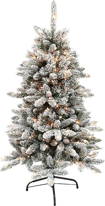 Photo 1 of Puleo International 4.5 Foot Pre-Lit Flocked Bennington Fir Artificial Christmas Tree with 150 UL-Listed Clear Lights
