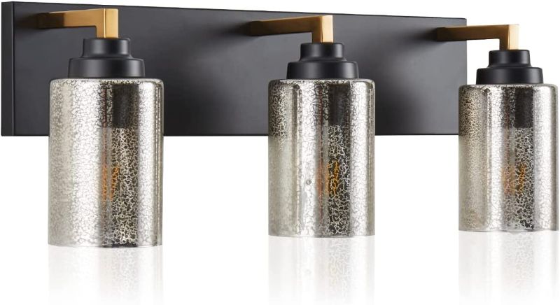 Photo 1 of Behiya Vanity Lighting Fixtures, Bathroom Light Fixtures Over Mirror 3-Lights Rustic Black and Gold Farmhouse Brushed Brass with Plating Nickel Glass for Dressing Table, Extra Vanity Lights Lampshade
