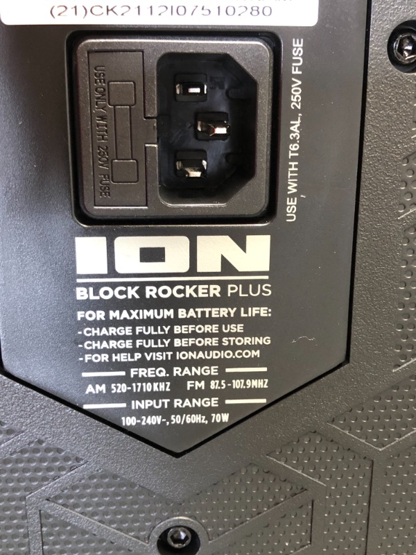 Photo 4 of INCOMPLETE Ion Audio Block Rocker Plus 100W Portable Speaker, Battery Powered with Bluetooth, Microphone & Cable, Am
**MISSING CHARGER, NEEDS CHARGE**