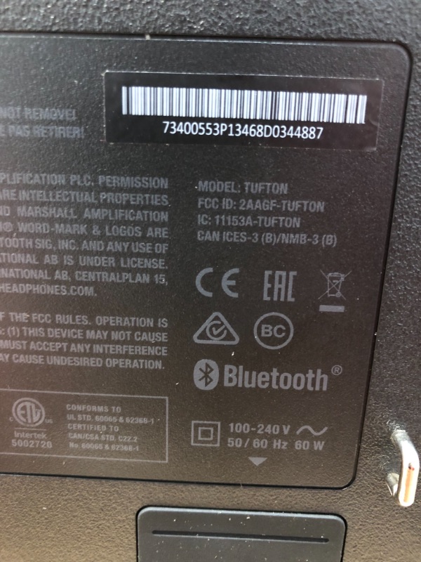 Photo 4 of INCOMPLETE!!!! Marshall Tufton Portable Bluetooth Speaker - Black
**INCOMPLETE POWER CORD, WAS NOT TESTED** 
