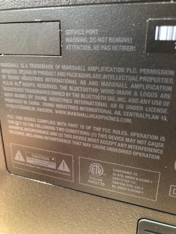 Photo 3 of INCOMPLETE!!!! Marshall Tufton Portable Bluetooth Speaker - Black
**INCOMPLETE POWER CORD, WAS NOT TESTED** 
