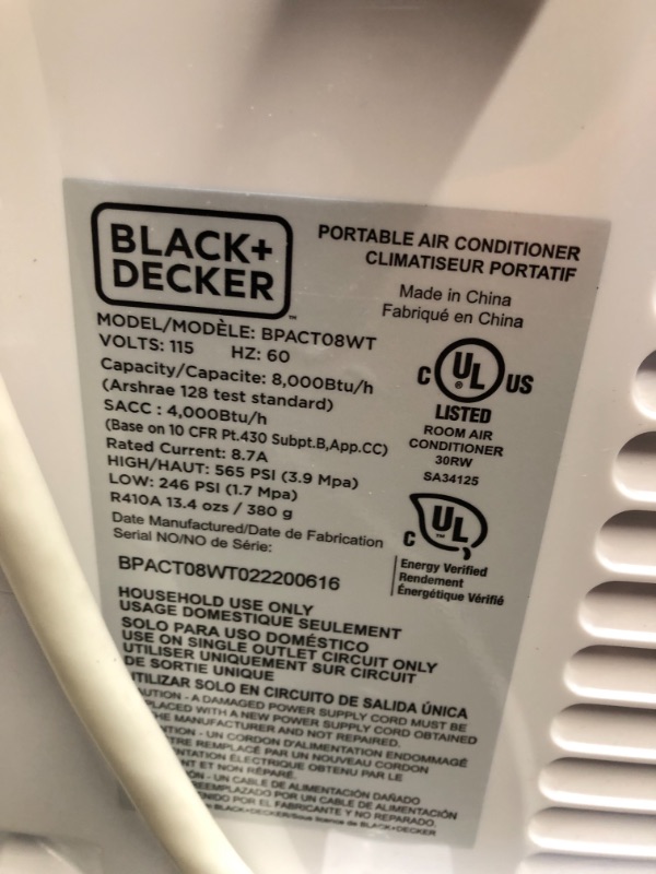 Photo 6 of BLACK+DECKER 8,000 BTU Portable Air Conditioner with Remote Control, White missing all accessories
