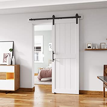 Photo 1 of ALAMEDADT 30''x84'' Sliding Barn Door with 5 Ft Barn Door Hardware Kit& Handle& Floor Guides,Pre-Drilled Holes Easy Assembly - Include Installation Manual, Water-Proof PVC Surface, H-Frame, White
