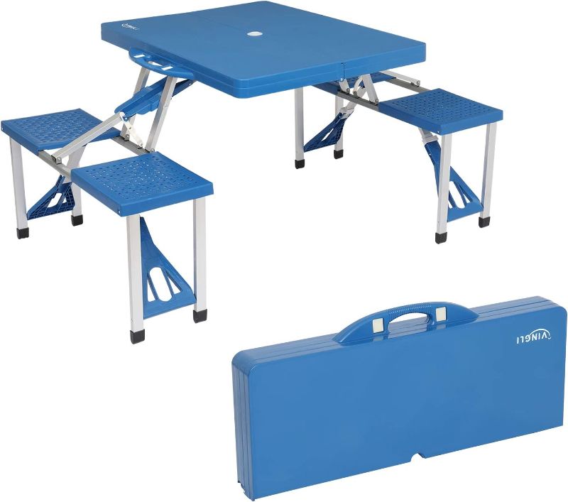 Photo 1 of  Camping Picnic Table Set with 4 Seats with Umbrella Hole Folding Lightweight Suitcase Card Table
