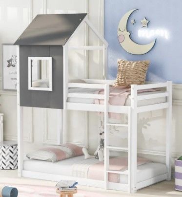 Photo 1 of *INCOMPLETE* Twin over Twin Low Bunk Bed, House Bed with Roof, Gray and White (New)
