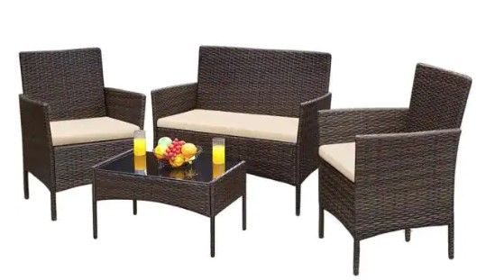 Photo 1 of *INCOMPLETE BOX 1 OF SET**- Brown 4-Pieces Wicker Outdoor Patio Furniture Sets Rattan Chair Wicker Set with Beige Cushion
