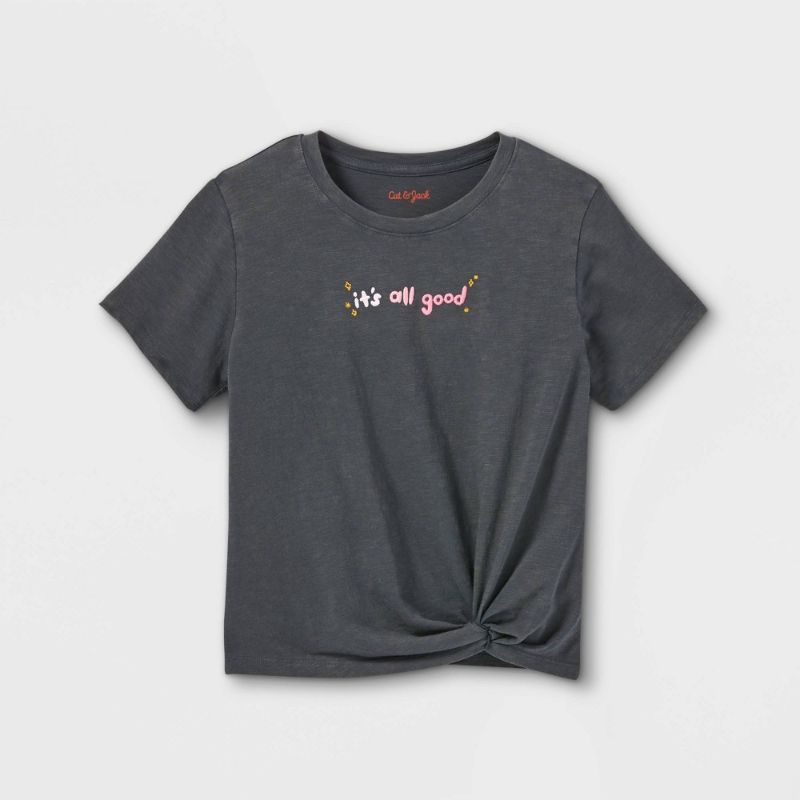 Photo 1 of PACK OF TWO- Girls' 'All Good' Embroidered Short Sleeve Graphic T-Shirt - Cat & Jack™ Charcoal Gray- SIZE S (6/6X)