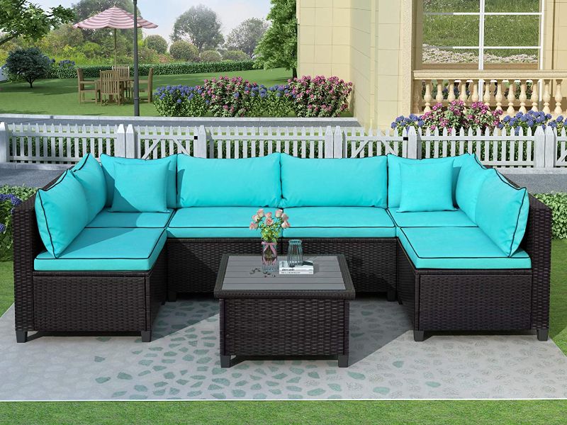 Photo 1 of **INCOMPLETE BOX 2 OF 3*- Merax 7 Pieces Patio Sofa and Chair, Outdoor PE Rattan Sectional Furniture Wicker Conversation-Sets with Cushions and Tea Table, Blue(7Pcs)
