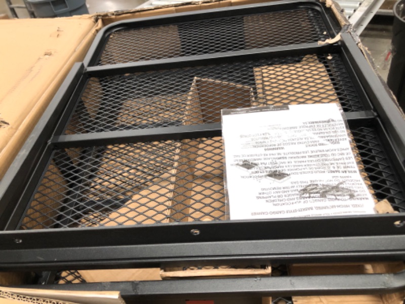 Photo 4 of **MISSING COMPONENTS AND HARDWARE**
CURT 18152 60 x 24-Inch Basket Hitch Cargo Carrier, 500 lbs Capacity, Black Steel, 2-in Fixed Shank
