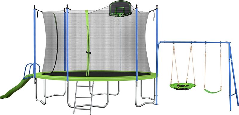 Photo 1 of NOT COMPLETE!!! Livspace 14FT Trampoline Set with Swing, Slide, Basketball Hoop and Ladder-Metal for Kids & Adults,Recreational Trampolines for Indoor, Green, 14FT with Swing & Slide (Recreational Trampoline) BOX 2 OF 3 
**MISSING BOX 1 AND 3, MISSING SWI