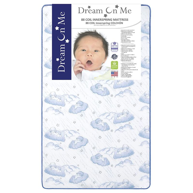 Photo 1 of Dream On Me Sweet Dreams 88 Coil Spring Crib and Toddler Bed 6" Mattress in Blue, Green Guard Gold Certified, 17 lb
