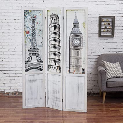 Photo 1 of MyGift 3-Panel Single-Sided European Famous Landmarks Room Divider with Whitewashed Wood Frame
