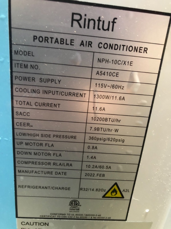 Photo 4 of INCOMPLETE Portable Air Conditioner - Rintuf 2022 14000 BTU Portable AC Unit Cools up to 700 Sq.Ft Also as Dehumidifier & Fan, with Remote Control 24H Timer Window Kit Exhaust Hose for Home Living Rooms Bedroom
**MISSING REMOTE**