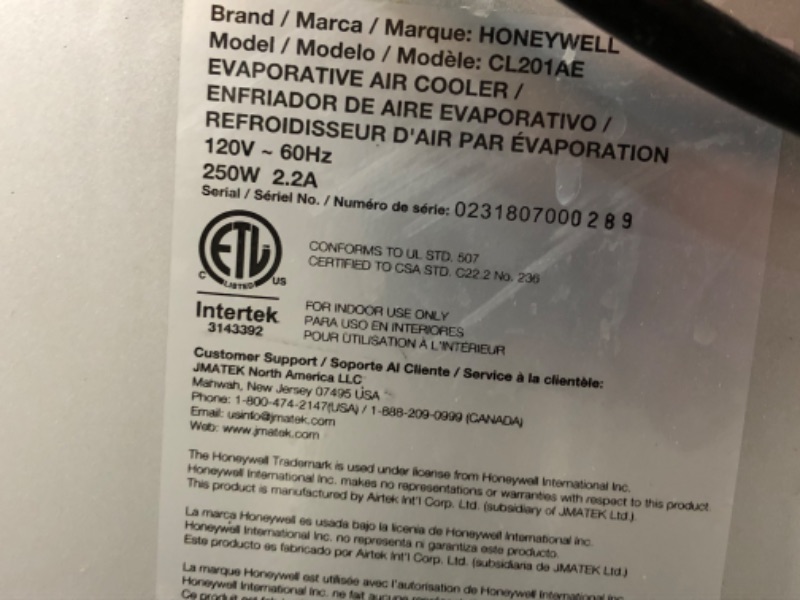 Photo 1 of Honeywell 470 CFM Portable Indoor Evaporative Cooler with Remote Control, CL201AEW
