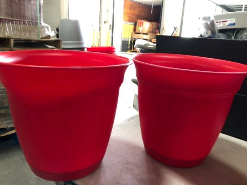 Photo 2 of Belle 12 in. Dia. Strawberry Red Plastic Planter with Attached Saucer
2PACK