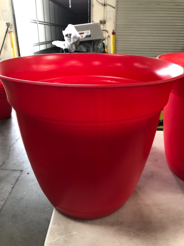 Photo 2 of Belle 20 in. Dia. Strawberry Red Plastic Planter with Attached Saucer