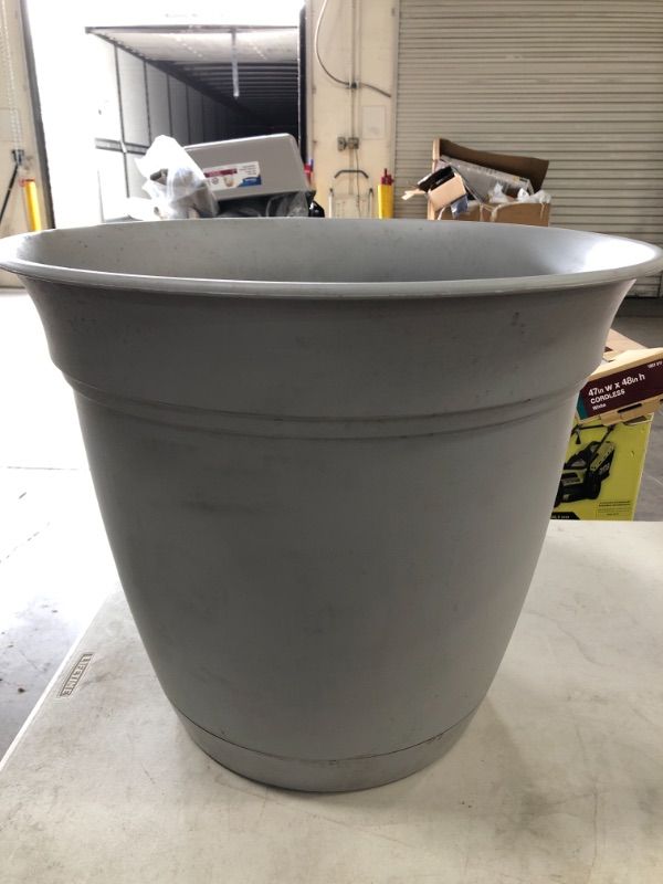 Photo 2 of Belle 20 in. Dia Stormy Gray Plastic Planter with Attached Saucer