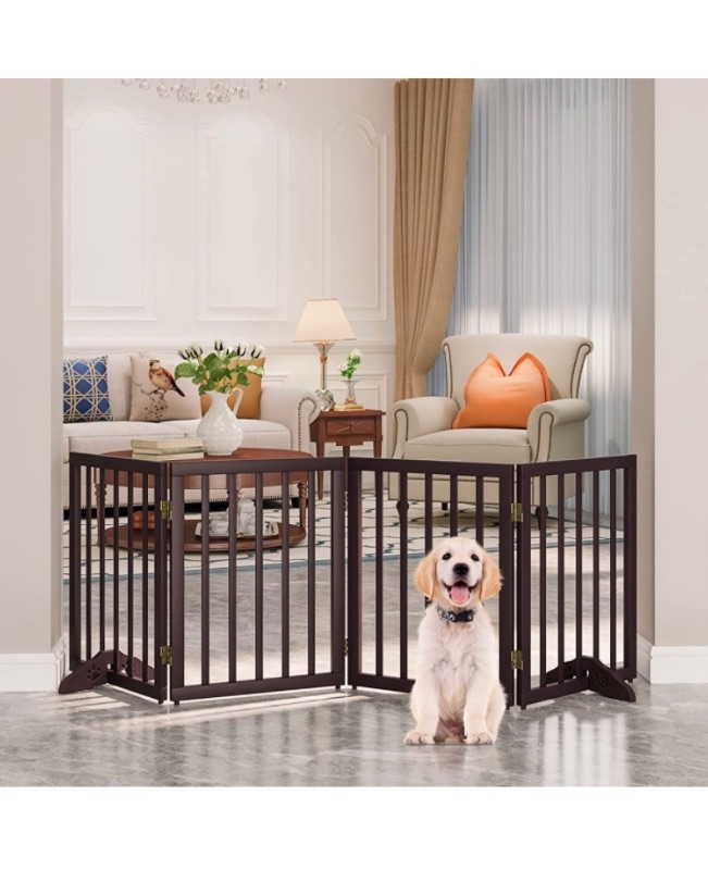 Photo 1 of Freestanding Dog Gate Pet Gate for Stairs 4-Panel 24in Puppy Gate Free Wooden Dog Gates for Doorways Folding Wooden Long Dog Gate Freestanding Extra Wide Small Free Standing Pet Gate with Feet