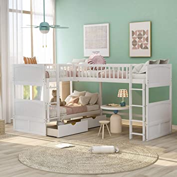 Photo 1 of **INCOMPLETE BOX 3 OF 3 ****Merax L Shaped Solid Wood Bunk Bed, Twin Over Twin Over Twin Bed with 2 Drawers and 2 Ladders, Twin Size Bunk Bed with a Loft Bed Attached, White
