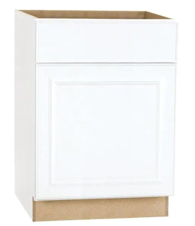Photo 1 of (CRACKED BASE; COSMETIC DAMAGES; UPPER CORNER FRAME DAMAGE; UNEVEN DOOR) Hampton Satin White Raised Panel Stock Assembled Base Kitchen Cabinet with Drawer Glides (24 in. x 34.5 in. x 24 in.)
