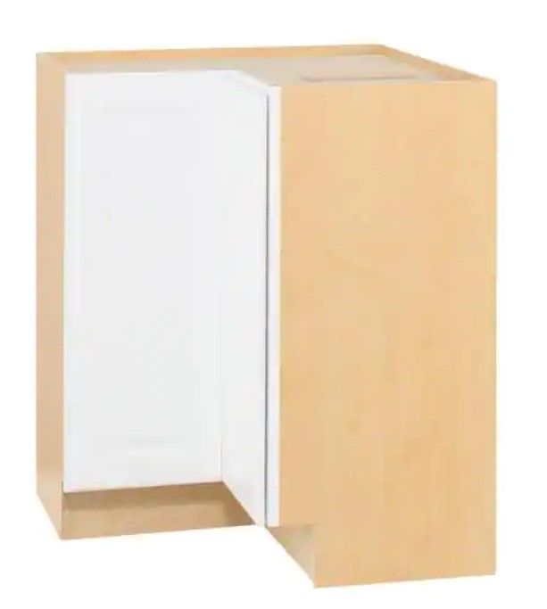 Photo 1 of (CRACKED BASE CORNER; UNEVEN DOOR; DAMAGED DOOR CORNER) Hampton Satin White Raised Panel Stock Assembled Lazy Susan Corner Base Kitchen Cabinet (28.5 in. x 34.5 in. x 16.5 in.)