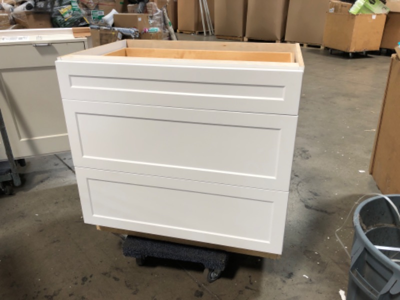 Photo 2 of  (DAMAGED CORNERS) 36-in W x 34.5-in H x 24-in D White Painted Birch Drawer Base Fully Assembled Stock Cabinet (Shaker Door Style)