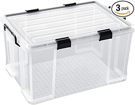 Photo 1 of 3-Pack Waterproof Plastic Storage Box, 90QT/85L Stackable Latch Box Durable Multi-Purpose Locking Bin with Lid and Black Clips for Bedding, Toys, Shoes and Clothes (Clear)
27.56 x 15.35 x 18.5 inches
