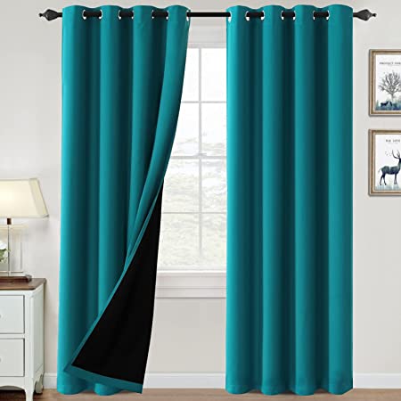 Photo 1 of 100% Blackout Curtains for Bedroom Thermal Insulated Blackout Curtains 96 inch Length Heat and Full Light Blocking Curtains Window Drapes for Living Room with Black Liner 2 Panels Set, Turquoise Blue
