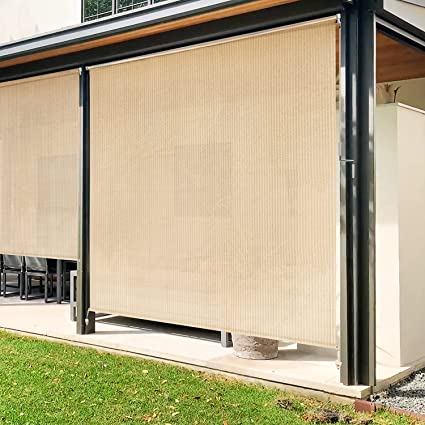 Photo 1 of Artpuch Outdoor Roller Shade 8'(W) x8'(H) Fabric Sesame Cordless Roll Up Shade, Wand Operation Exterior Roller Shade Cloth for Patio Porch Gazebo
